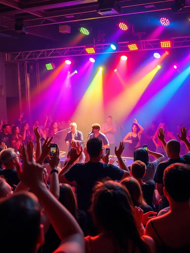 A vibrant photograph capturing a live music performance at one of L'AVIS D'ARTISTE's events, showcasing the energy and community engagement.
