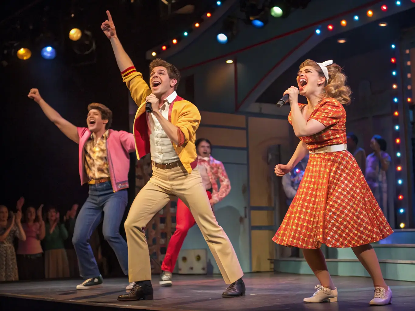 A vibrant image depicting a group of people participating in a theatrical performance, showcasing the energy and excitement of L'AVIS D'ARTISTE's theater program.