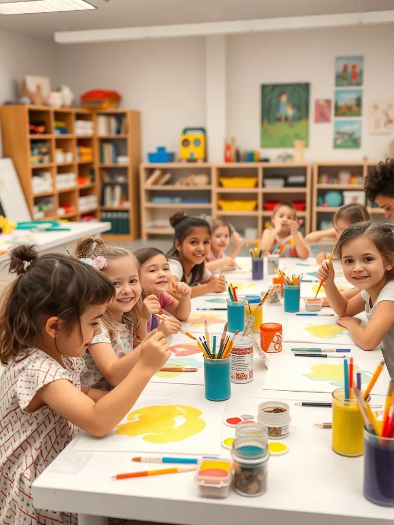 A photo of children participating in an art workshop organized by L'AVIS D'ARTISTE, demonstrating the organization's commitment to arts education.