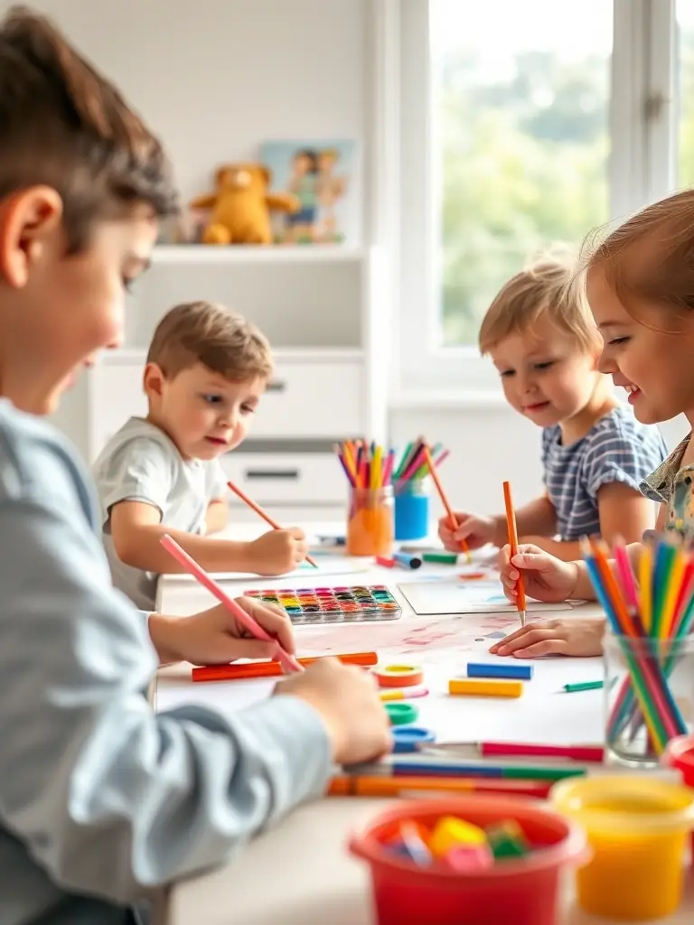 A heartwarming picture of children participating in an art therapy session facilitated by L'AVIS D'ARTISTE, showing them creating artwork and interacting positively.
