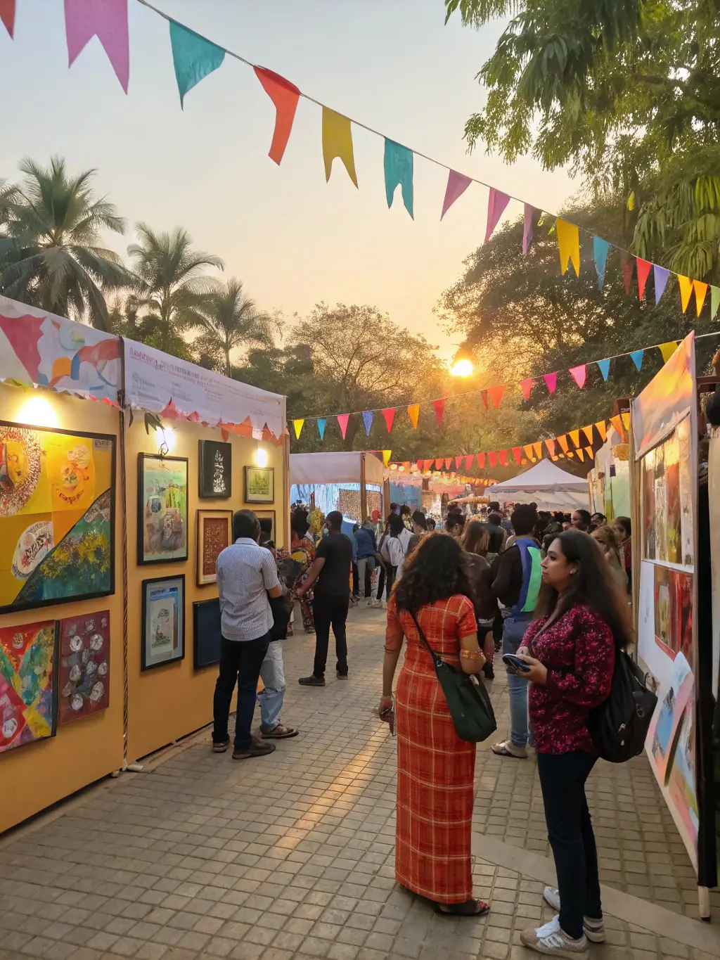 A captivating shot of an outdoor art exhibition organized by L'AVIS D'ARTISTE, displaying various artworks and attracting a diverse crowd of art enthusiasts.
