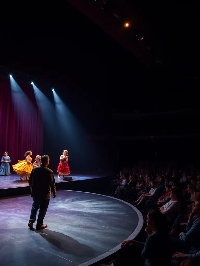 A dynamic image of a local theater performance supported by L'AVIS D'ARTISTE, featuring actors on stage and an enthusiastic audience.